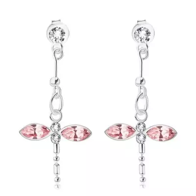 925 ezüst fülbevaló, függő szitakötő, átlátszó és rózsaszín Swarovski kristályok