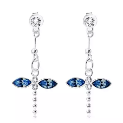 925 ezüst fülbevaló, függő szitakötő, átlátszó és kék Swarovski kristályok
