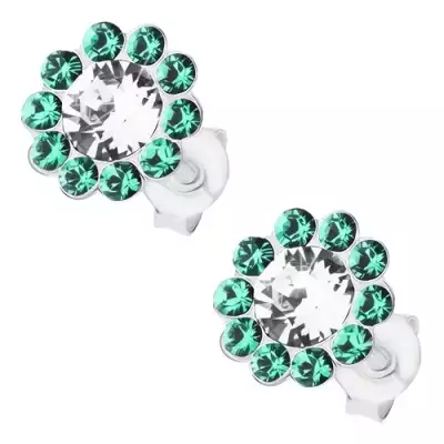 925 ezüst fülbevaló, virág átlátszó és sötétzöld Preciosa kristályokkal