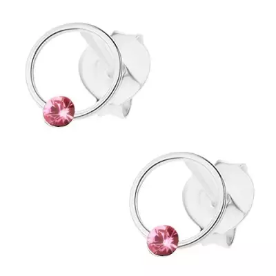 Beszúrós fülbevaló, 925 ezüst, vékony karika rózsaszín Swarovski kristállyal