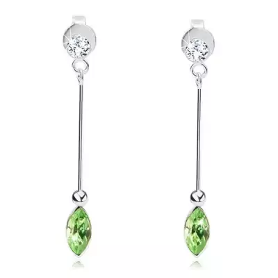 Fülbevaló 925 ezüstből, vékony pálca, átlátszó kerek és világoszöld szem alakú Swarovski kristály