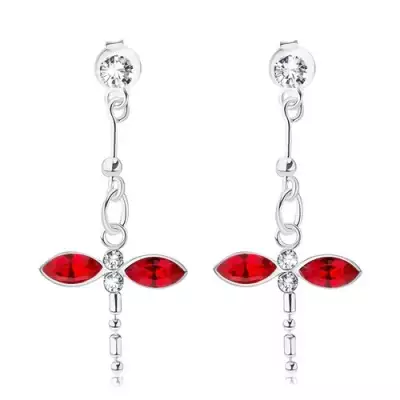 925 ezüst fülbevaló, függő szitakötő, átlátszó és piros Swarovski kristályok