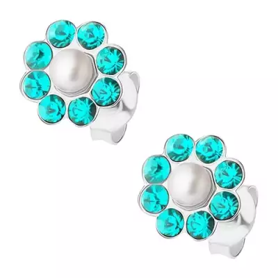 Beszúrós fülbevaló, 925 ezüst, csillogó virág, kékeszöld kristály, gyöngy