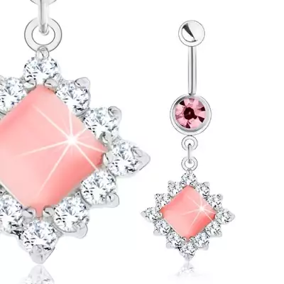 316L acél köldökpiercing, ezüst szín, rózsaszín négyzet, átlátszó cirkóniák
