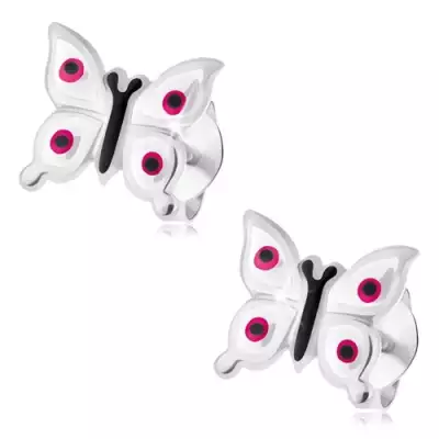 Fülbevaló 925 ezüstből, fényes fehér lepke - rózsaszín és fekete pöttyök
