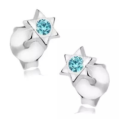 925 ezüst fülbevaló, fényes ötágú csillag, kék Swarovski kristály