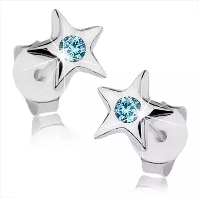 925 ezüst fülbevaló, fényes ötágú csillag, világoskék kristály