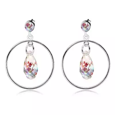 925 ezüst fülbevaló, vékony karika, szivárvány visszfényű Swarovski kristály könnycsepp