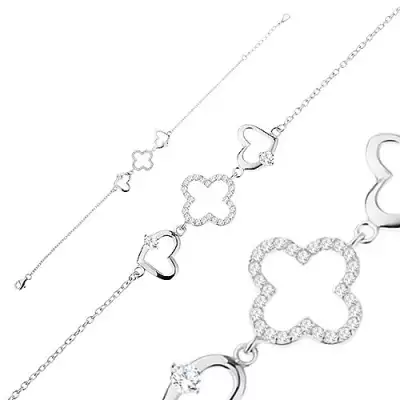 925 ezüst karkötő, apró szemek, szív és virág körvonal, átlátszó cirkóniák