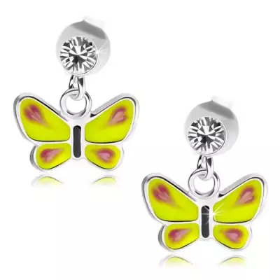 925 ezüst fülbevaló, átlátszó Swarovski kristály, sárga lepke