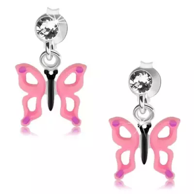 925 ezüst fülbevaló, rózsaszín pillangó kivágásokkal a szárnyain, kristály