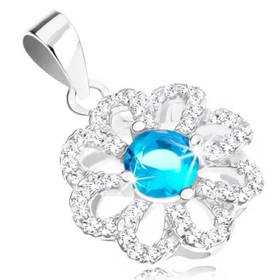 925 ezüst medál, virág átlátszó szirom körvonallal, világoskék cirkónia