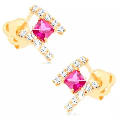 585 arany fülbevaló - átlátszó cirkóniás ív, csiszolt rózsaszín négyzet