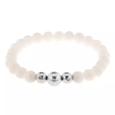 Elasztikus karkötő, fényes fehér golyók, három acél golyó
