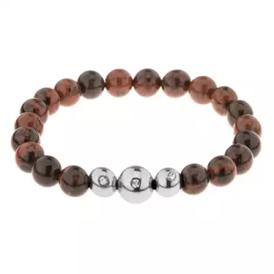 Barna-fekete elasztikus karkötő, gömbölyű gyöngyök természetes kőből és acélból