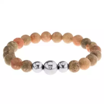 Rugalmas karkötő - barna és rózsaszín árnyalatú golyókból, acél gyöngyök cirkóniával