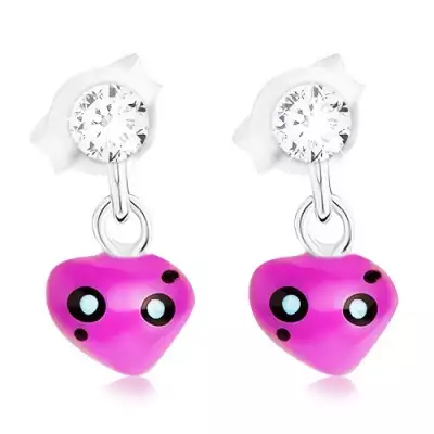Fülbevaló - 925 ezüst, aszimmetrikus szív lila színben, Swarovski kristályok