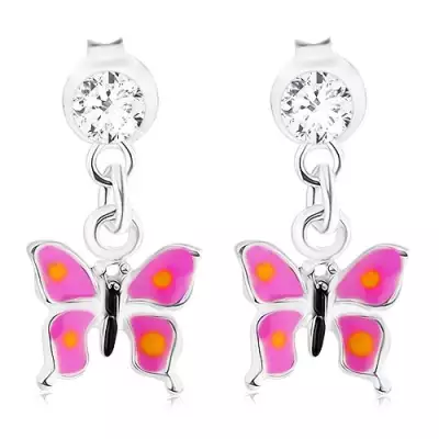 925 ezüst fülbevaló, függő pillangó lila szárnyakkal, Swarovski kristály
