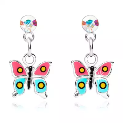 925 ezüst fülbevaló, pillangó rózsaszínes kék szárnyakkal, Swarovski kristály