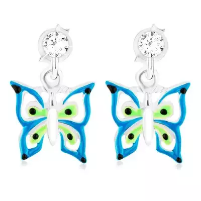 925 ezüst fülbevaló, kékes zöld és fehér pillangó Swarovski kristállyal