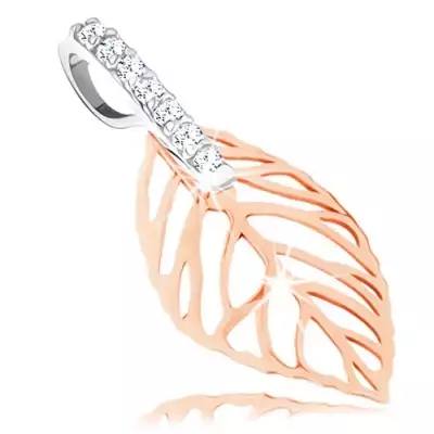 Kétszínű medál 14K aranyból - áttört mintás levél, függőleges cirkónia sáv