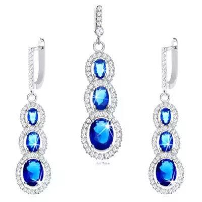 925 ezüst szett fülbevalóból és medálból - sötétkék cirkónia átlátszó szegéllyel