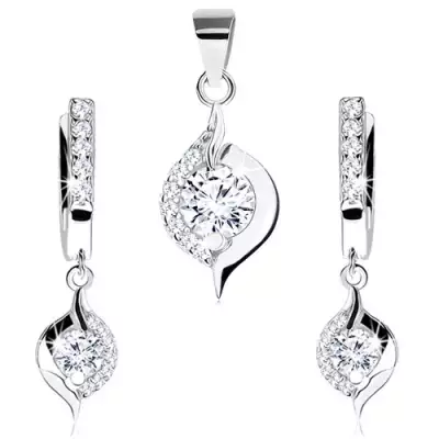 925 ezüst szett medálból és fülbevalóból, csepp kerek átlátszó cirkóniával