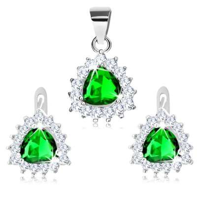 925 ezüst szett medál és fülbevaló, zöld cirkónia háromszög szegélyben