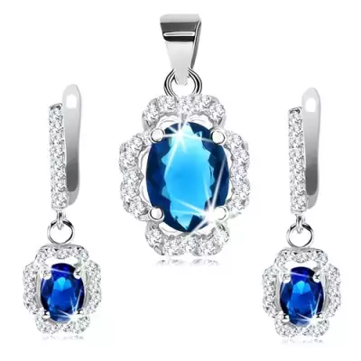 Szett medálból és fülbevalóból, 925 ezüst, hullámos átlátszó körvonal, sötétkék ovális