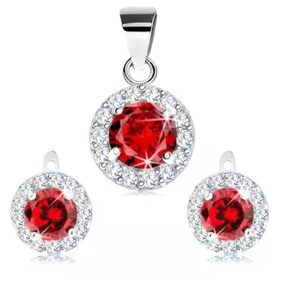 925 ezüst szett fülbevalóból és medálból, csiszolt piros cirkónia és átlátszó szegély