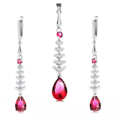 925 ezüst szett medálból és fülbevalóból, piros csepp csillogó nyilakkal