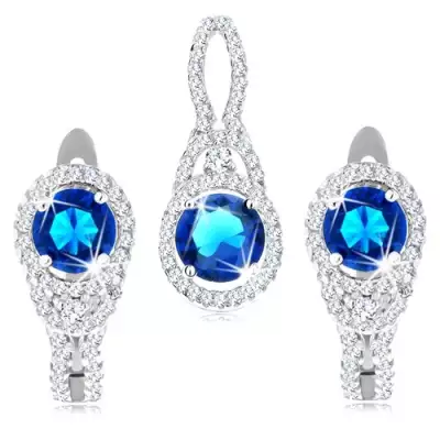 925 ezüst szett medál és fülbevaló, sötétkék cirkónia, átlátszó szegély