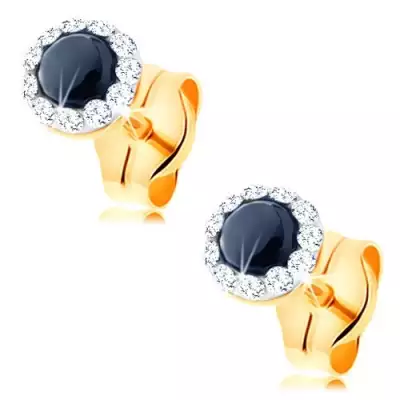 585 arany fülbevaló - kerek fekete színű zafír, átlátszó Swarovski kristályok
