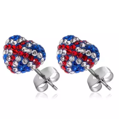 316L acél fülbevaló - szív alak zászlóval - kék, piros és átlátszó cirkóniák