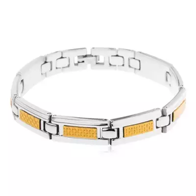 316L acél karkötő, fényes ezüst és arany színű elemek, fonott minta