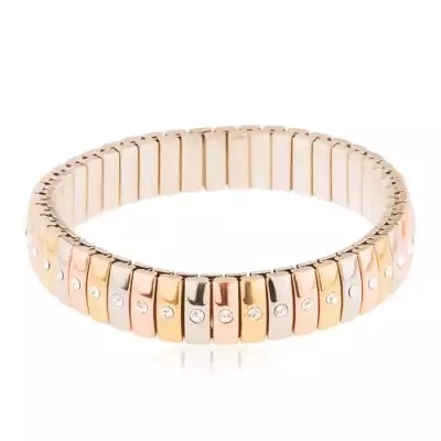 Széthúzható acél karkötő, háromszínű elemek beültetett átlátszó cirkóniával