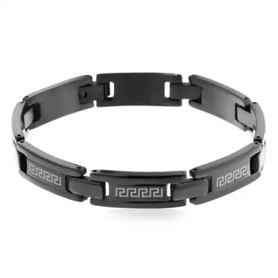 Fekete sebészeti acél karkötő, fényes elemek görög kulcs motívummal