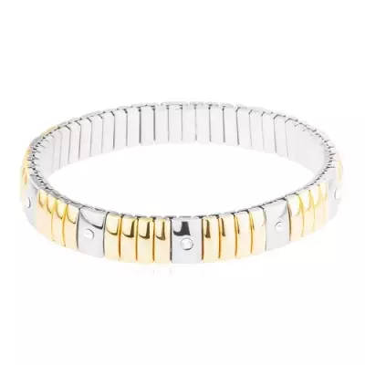 Acél karkötő arany és ezüst színben, keskeny és szélesebb téglalapok, átlátszó cirkóniák