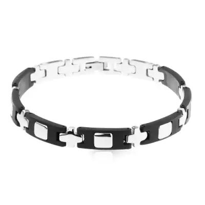 Acél-gumi karkötő, ezüst és fekete színű elemek