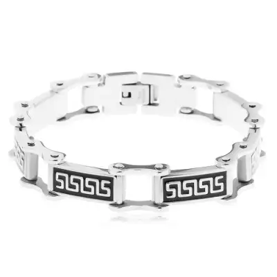 316L acél karkötő, téglalap elemek fekete fénymázzal, görög kulcs
