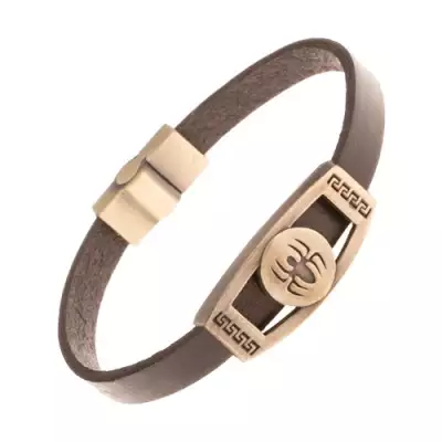 Barna bőr karkötő, réz színű tábla - pók karikában, görögkulcs