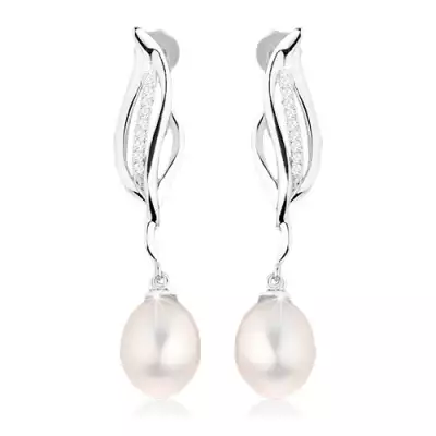 925 ezüst fülbevaló, hullámos levél körvonal, függő ovális gyöngy fehér színben
