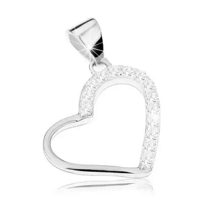 Ródiumozott 925 ezüst medál, vékony szív körvonal, egyik felén cirkónia díszítés