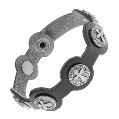 Állítható fekete karkötő műbőrből, acél karikák keresztekkel