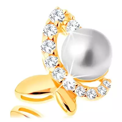 14K sárga arany medál - szabálytalan pillangó cirkóniás féllel és gyönggyel