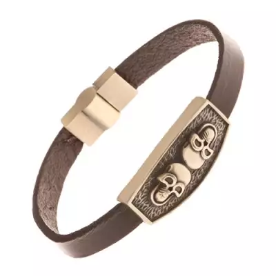 Barna bőr sáv, sárgaréz színű tábla - két koponya, fekete patina