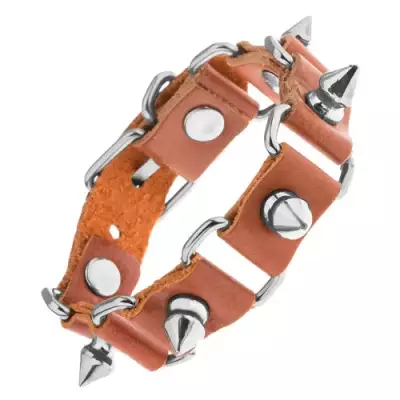 Barna színű állítható bőr karkötő, szegecsek