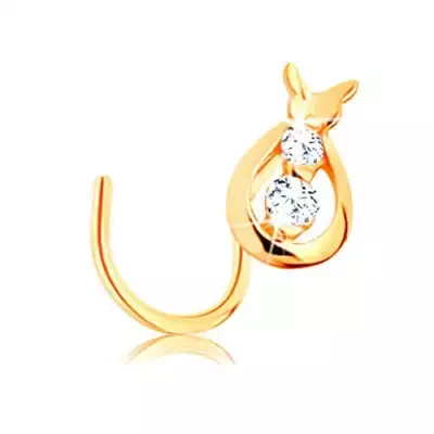 585 arany piercing, ívelt - csepp átlátszó cirkóniákkal és lepkével