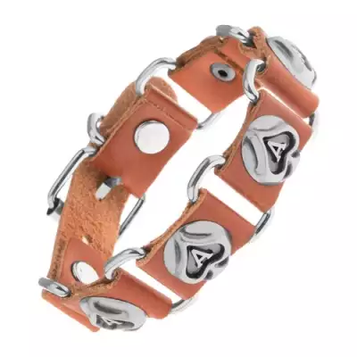 Barna műbőr és acél karkötő, kártya szimbólumok - pikk ász