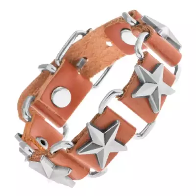 Barna műbőr és acél karkötő, csillagok